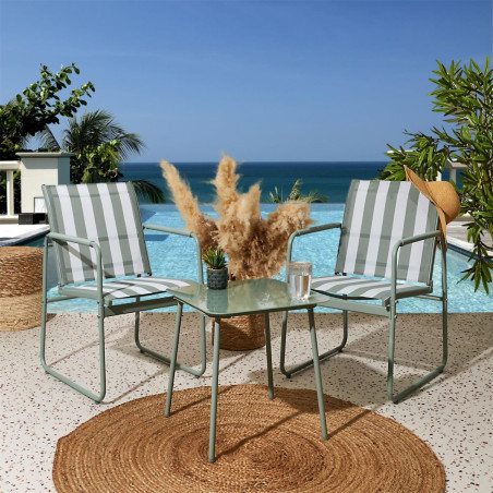 Ensemble jardin 2 fauteuils avec table basse rayures vert et crème - KASBAH