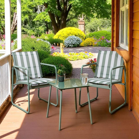 Ensemble jardin 2 fauteuils avec table basse rayures vert et crème - KASBAH