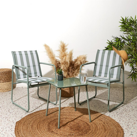 Ensemble jardin 2 fauteuils avec table basse rayures vert et crème - KASBAH