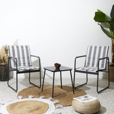 Ensemble jardin 2 fauteuils avec table basse motifs rayures gris - KASBAH