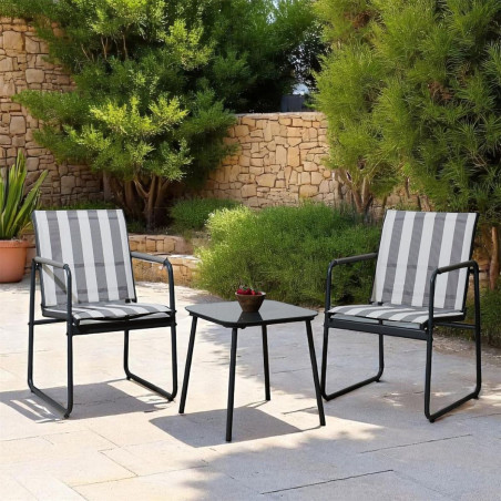 Ensemble jardin 2 fauteuils avec table basse motifs rayures gris - KASBAH