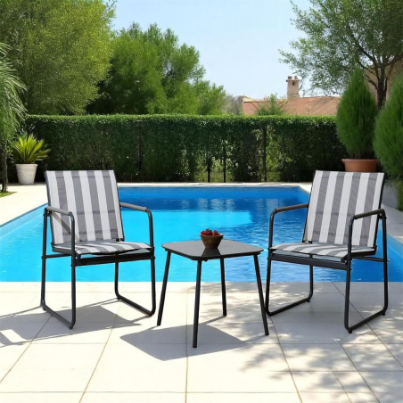 Ensemble jardin 2 fauteuils avec table basse motifs rayures gris - KASBAH