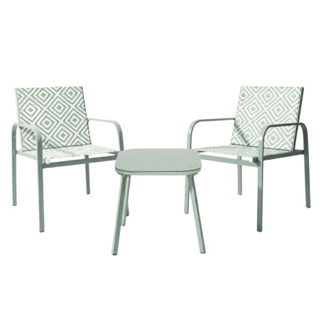 Ensemble jardin 2 fauteuils et table basse motifs graphiques verts d'eau - INKA