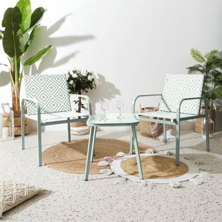 Ensemble jardin 2 fauteuils et table basse motifs graphiques verts d'eau - INKA