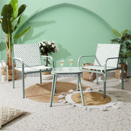Ensemble jardin 2 fauteuils et table basse motifs graphiques verts d'eau - INKA