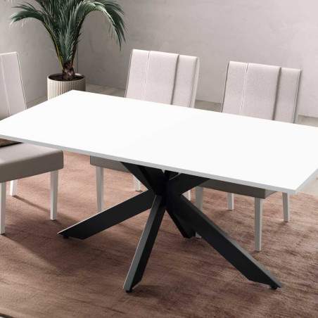 Table repas 180cm plateau laqué blanc pieds araignée métal noir - ATHENOR