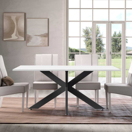 Table repas 180cm plateau laqué blanc pieds araignée métal noir - ATHENOR