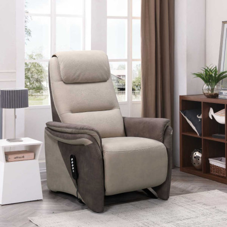 Fauteuil relax électrique releveur tissu micro peau brun et mastic - NADIROR