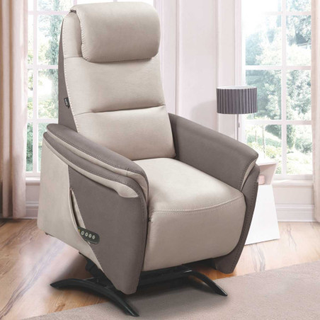 Fauteuil relax électrique releveur tissu micro peau brun et mastic - NADIROR