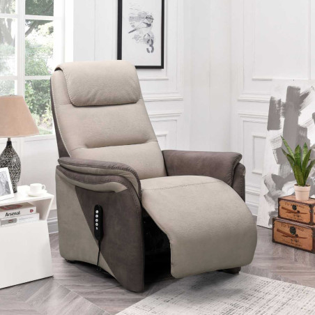 Fauteuil relax électrique releveur tissu micro peau brun et mastic - NADIROR