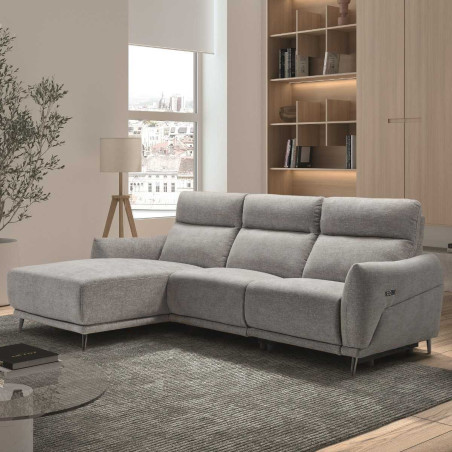 Canapé 3 places relax électrique méridienne gauche tissu gris clair - SANTIAGOR
