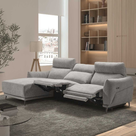 Canapé 3 places relax électrique méridienne gauche tissu gris clair - SANTIAGOR