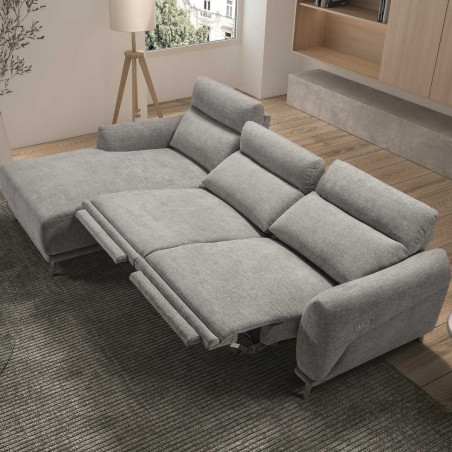 Canapé 3 places relax électrique méridienne gauche tissu gris clair - SANTIAGOR
