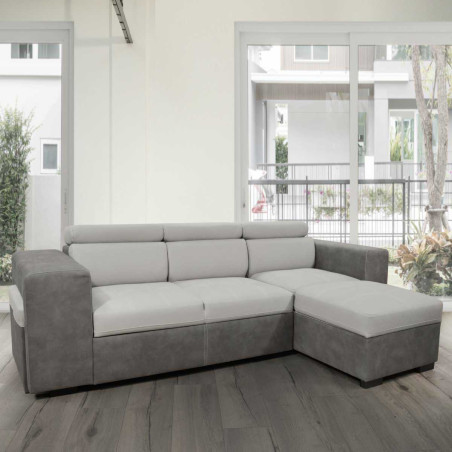 Canapé convertible méridienne réversible coffre 2 poufs gris - CESAROR