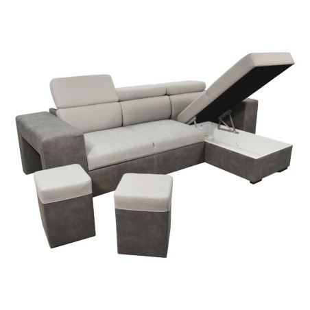 Canapé convertible méridienne réversible coffre 2 poufs gris - CESAROR