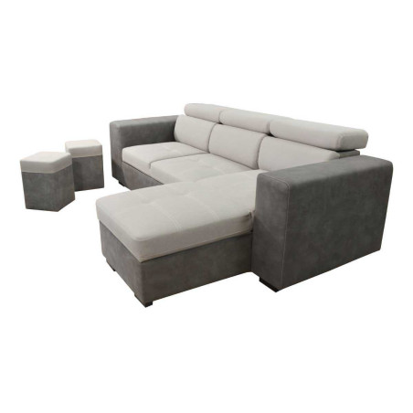 Canapé convertible méridienne réversible coffre 2 poufs gris - CESAROR