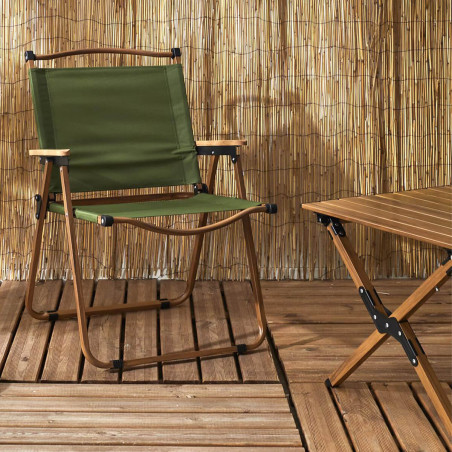Chaise pliante de camping en métal, imitation bois et toile verte - KAMIRA