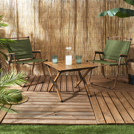 Chaise pliante de camping en métal, imitation bois et toile verte - KAMIRA