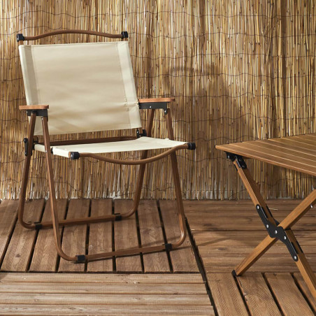 Chaise pliante de camping en métal imitation bois et toile beige - KAMIRA