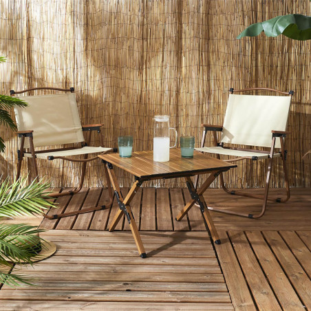 Chaise pliante de camping en métal imitation bois et toile beige - KAMIRA