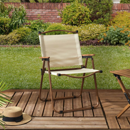 Chaise pliante de camping en métal imitation bois et toile beige - KAMIRA