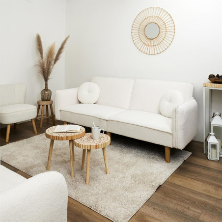 Canapé Convertible Bois d'Eucalyptus Tissu Blanc - FLIREN