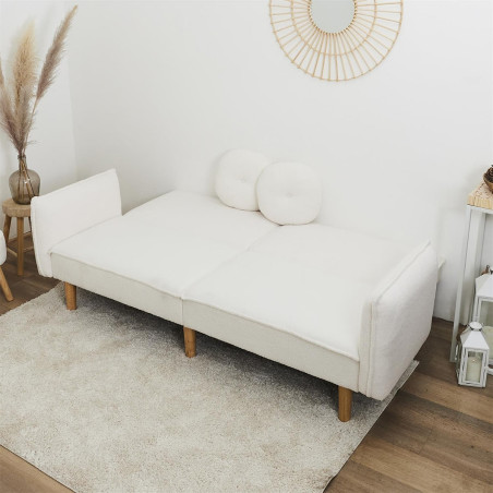 Canapé Convertible Bois d'Eucalyptus Tissu Blanc - FLIREN