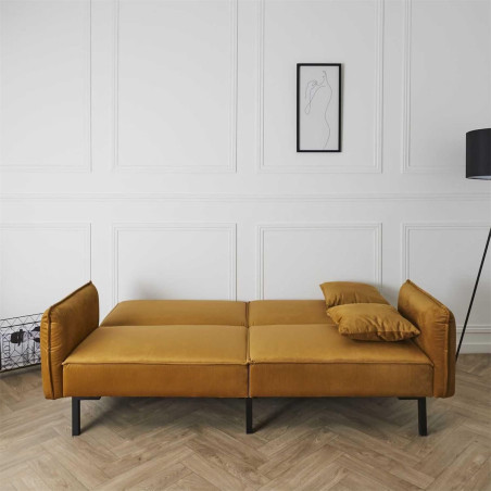 Canapé convertible bois d’eucalyptus velours ocre - KONEN