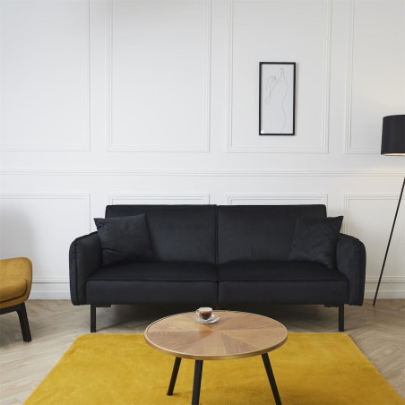 Canapé Convertible Bois d'Eucalyptus Velours Noir - KONEN