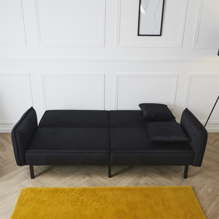 Canapé Convertible Bois d'Eucalyptus Velours Noir - KONEN
