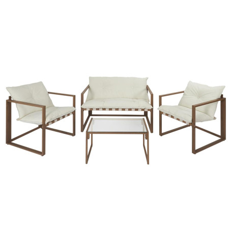 Salon de Jardin 4 Pièces Marron et Blanc + Coussins - USHEN