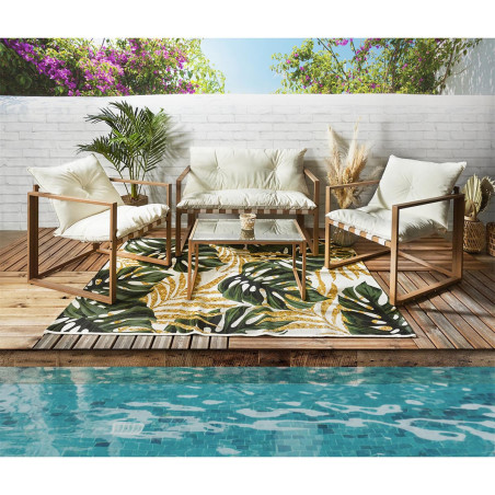 Salon de Jardin 4 Pièces Marron et Blanc + Coussins - USHEN