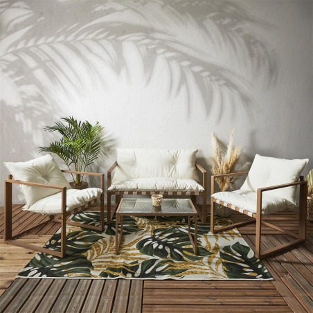 Salon de Jardin 4 Pièces Marron et Blanc + Coussins - USHEN