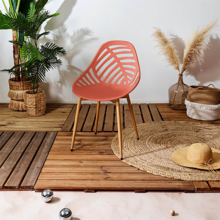 Lot de 4 chaises jardin coque plastique ajourée terracotta pieds métal - SAORA