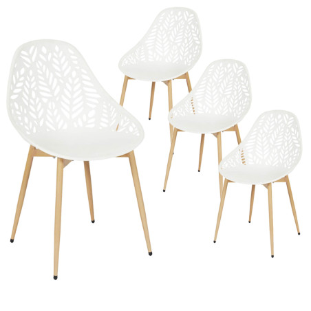 Lot de 4 chaises de jardin coque plastique ajourée blanc pieds métal - SAYRA