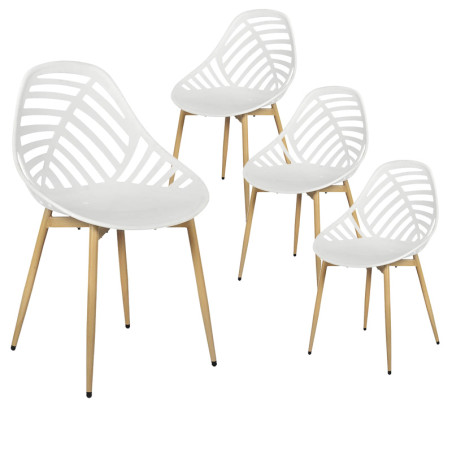Lot de 4 Chaises de Jardin Coque Plastique Ajourée Blanc Pieds Métal - SAORA
