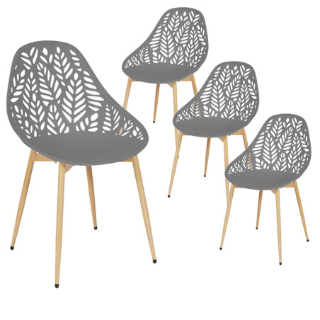 Lot de 4 chaises de jardin coque plastique ajourée gris pieds métal - SAYRA