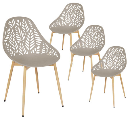 Lot de 4 chaises de jardin coque plastique ajourée taupe pieds métal - SAYRA