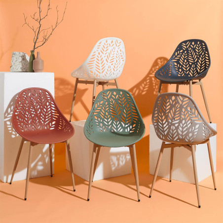Lot de 4 chaises de jardin coque plastique ajourée taupe pieds métal - SAYRA