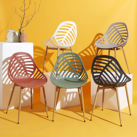 Lot de 4 chaises de jardin coque plastique ajourée taupe pieds métal - SAORA