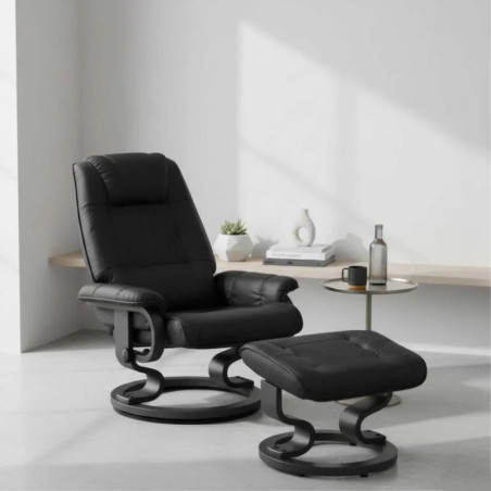 Fauteuil dossier inclinable pivotant cuir/pvc noir avec repose-pieds - ORWELLOR