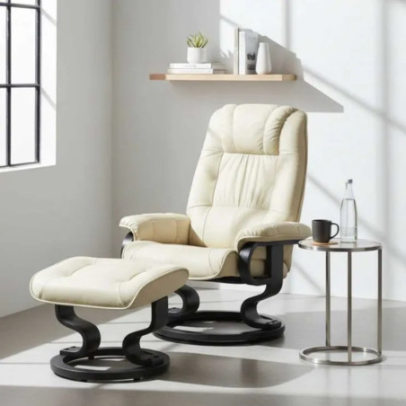 Fauteuil pivotant inclinable cuir/pvc beige avec repose-pieds - ORWELLOR