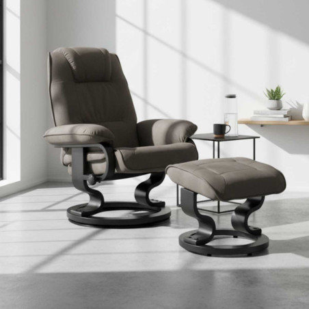 Fauteuil pivotant inclinable micro peau gris clair avec repose-pieds - ORWELLOR