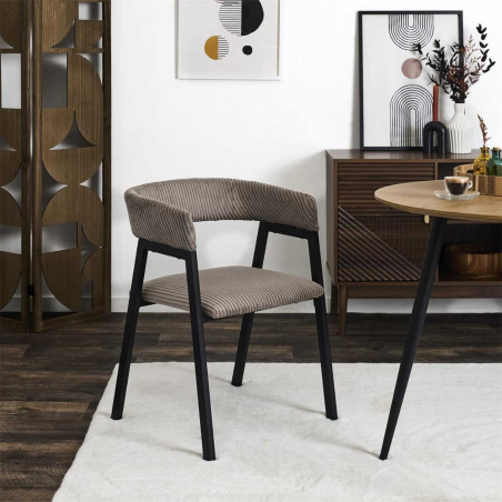 Lot de 2 fauteuils de table en métal et velours côtelé taupe - AMORA