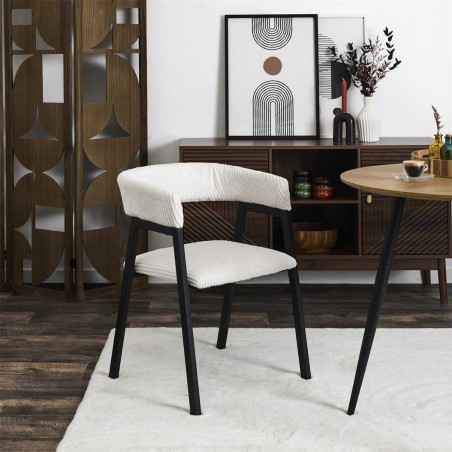 Lot de 2 fauteuils de table en métal et velours côtelé crème - AMORA