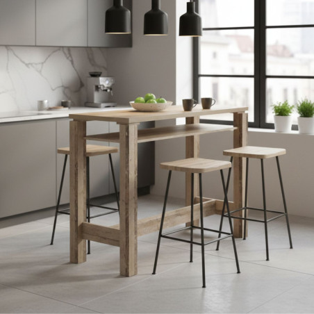 Table-bar 120cm avec étagère aspect bois vieilli - KOLYOR