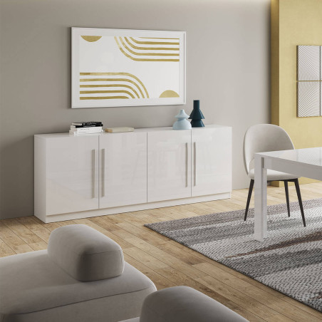 Buffet 4 portes moderne laqué blanc poignées métal - ALANA