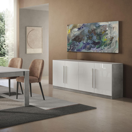 Buffet 4 Portes Moderne Laqué Blanc et Marbre Poignées en Métal - ALANA