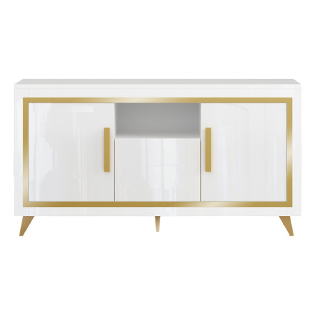 Buffet 3 Portes Laqué Blanc et Décor Doré avec Leds - ALEON