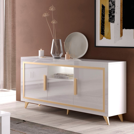 Buffet 3 Portes Laqué Blanc et Décor Doré avec Leds - ALEON